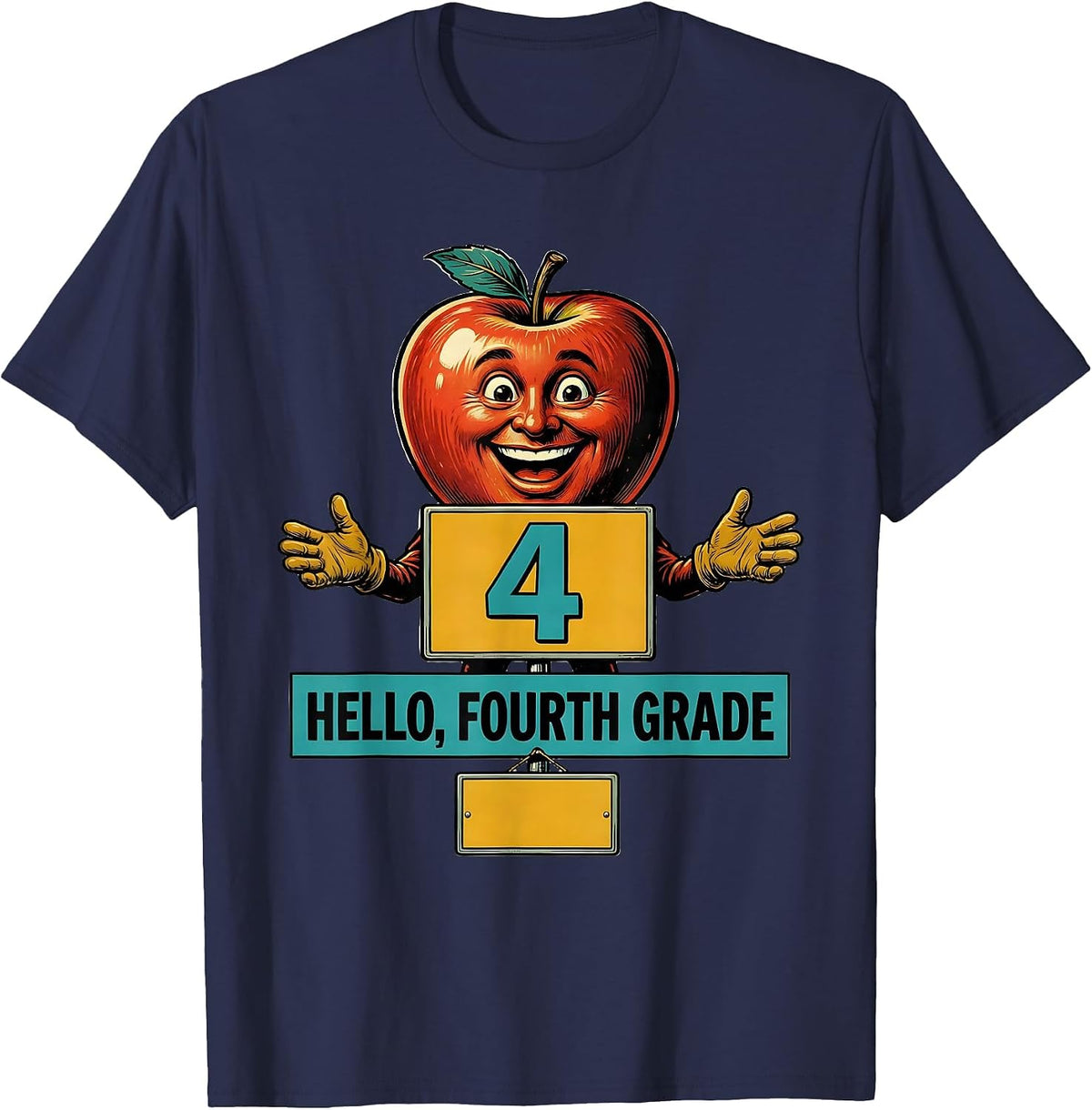 Men's Hello, Fourth Grade Retro Advertising Mascot Teacher Back To T-Shirt - Navy Blue