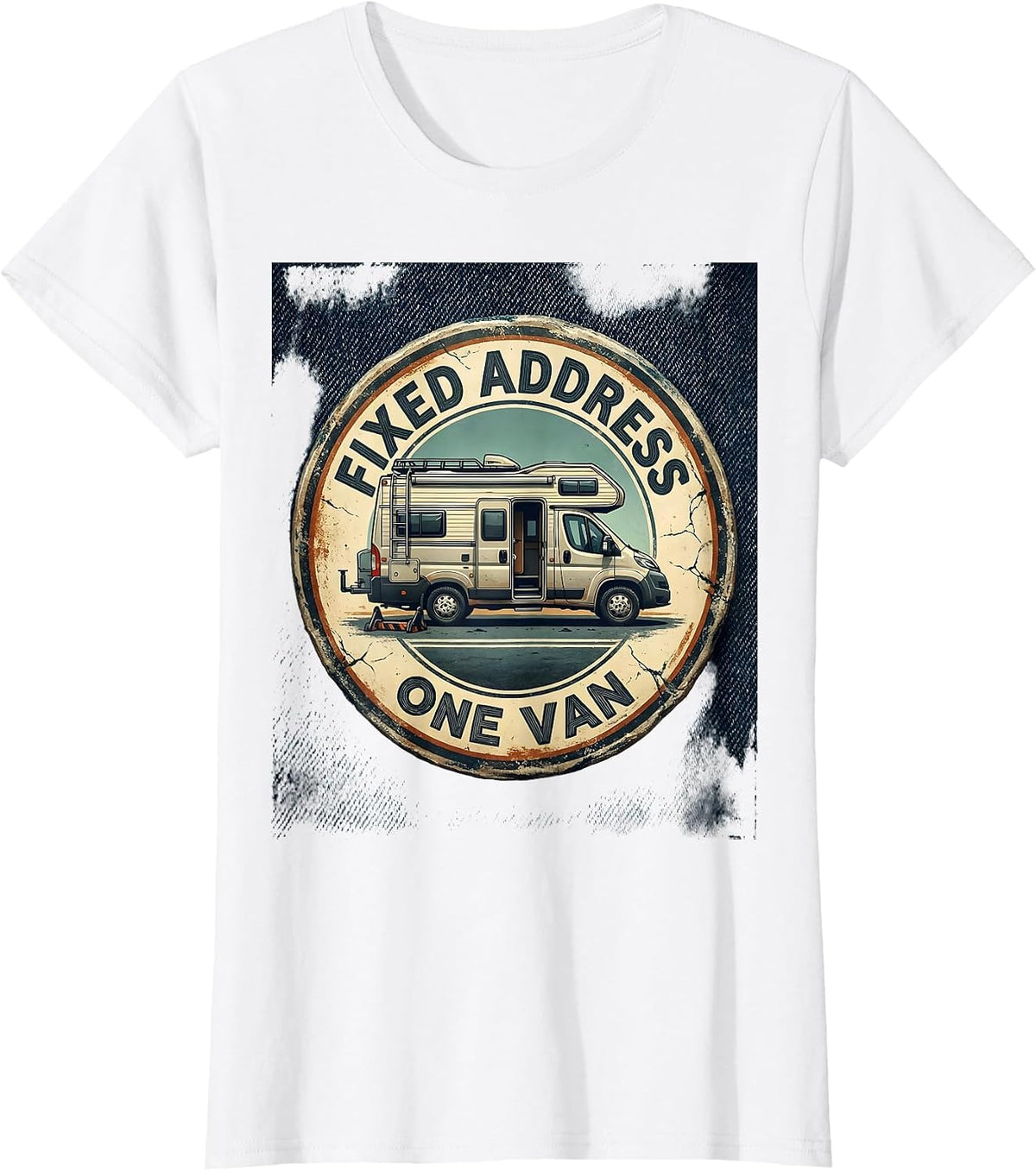 Women's Fixed Address One Van Distressed Van Life Nomad Road Trip T-Shirt - White
