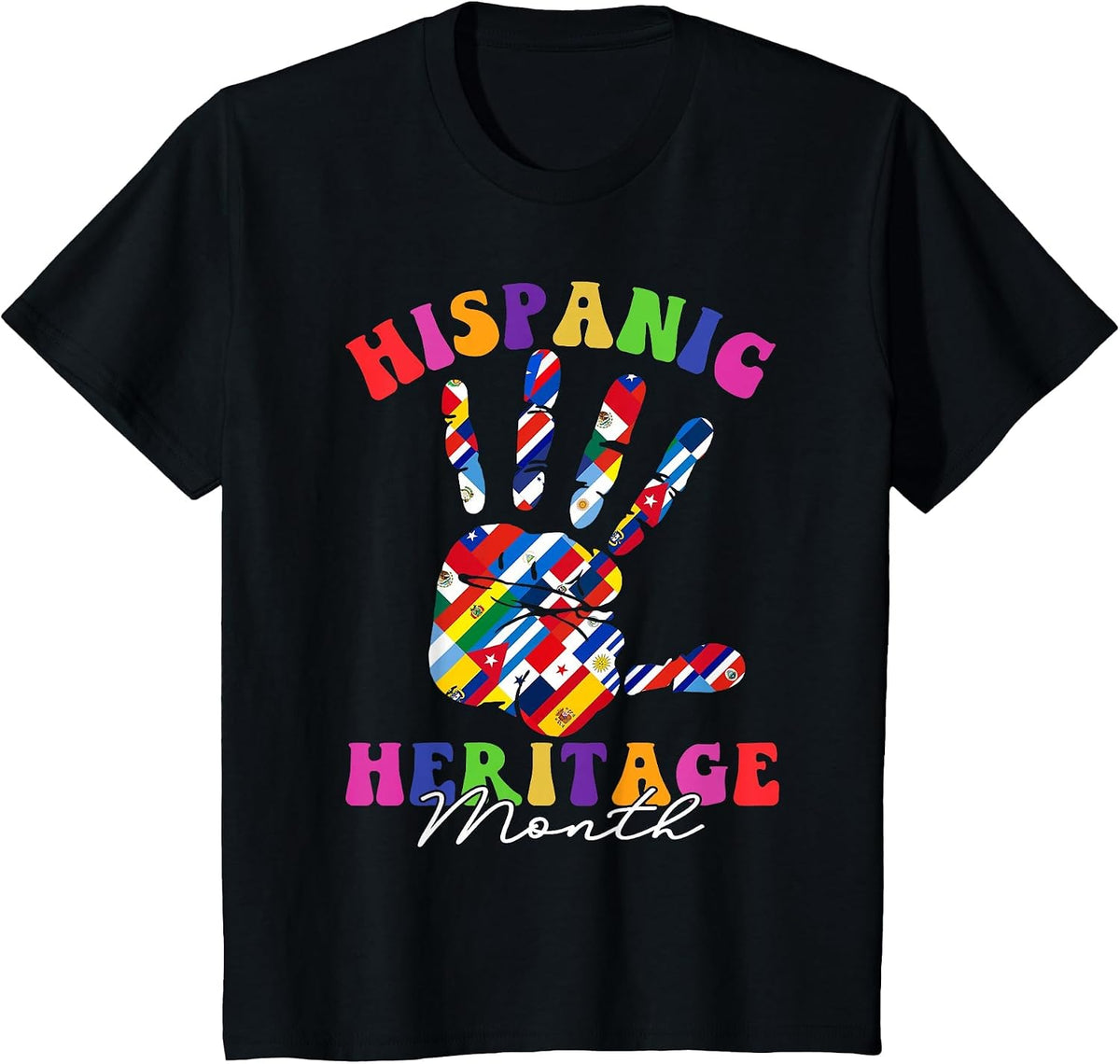Retro Hispanic Heritage Month All Countries Heart Hands T-Shirt - Black