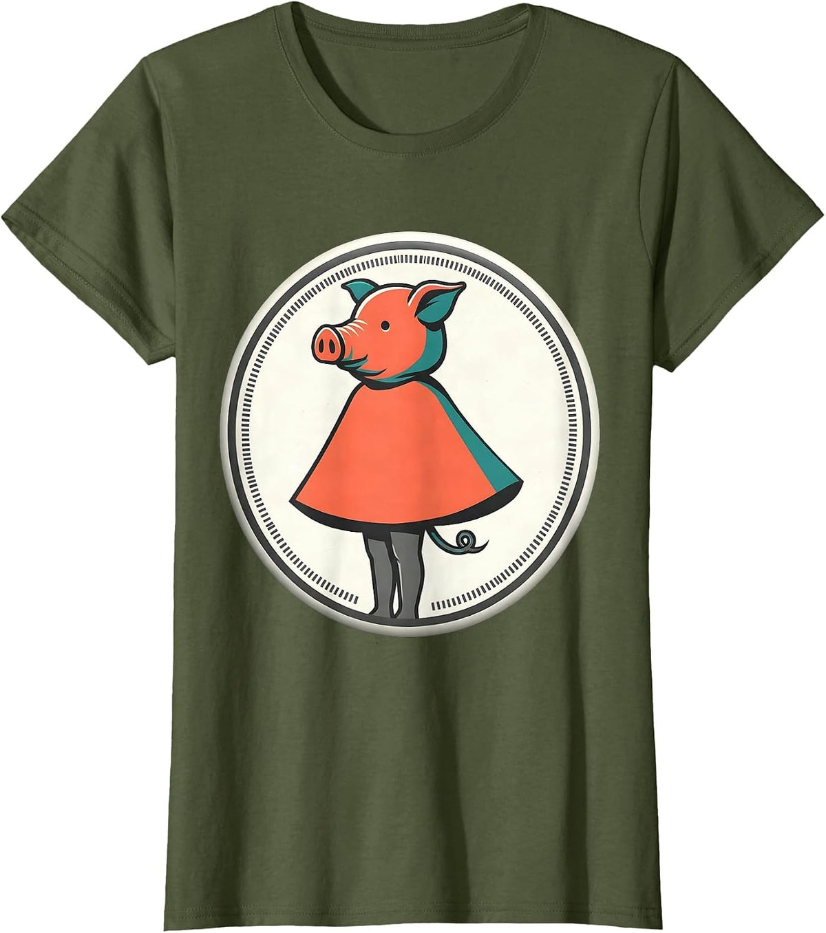 Women's Sealed Pig Badge Midcentury Modern Pig Lover Halloween T-Shirt - Olive Green