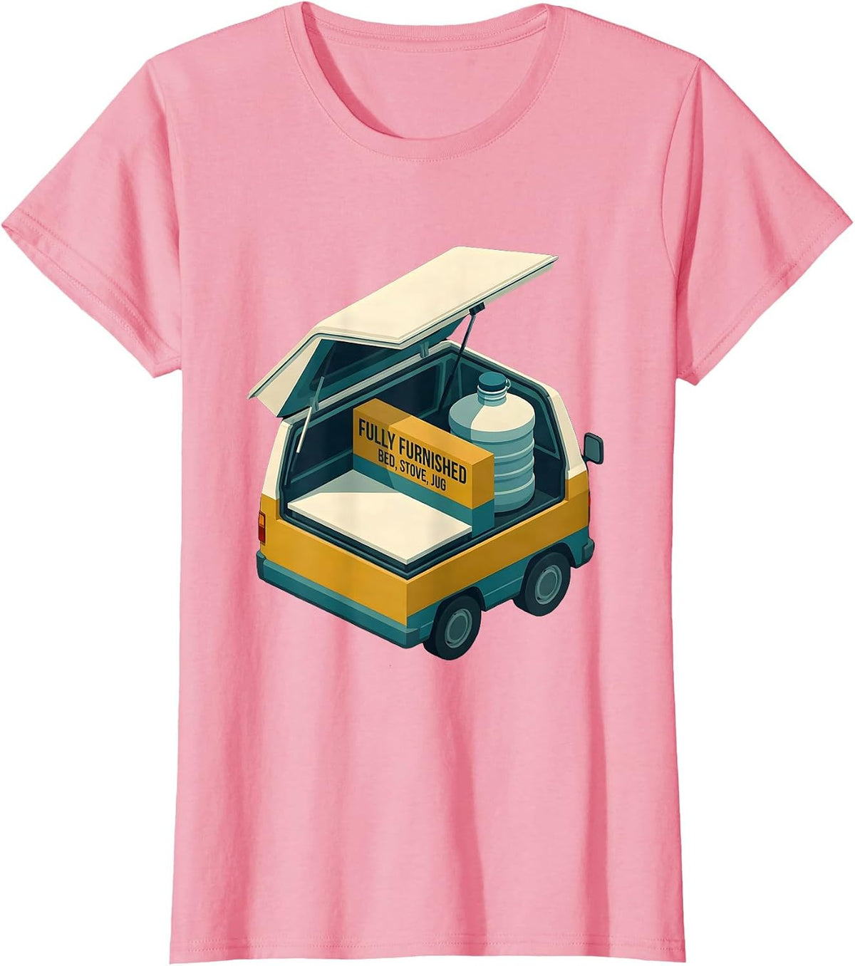 Women's Fully Furnished: Bed, Stove, Jug Retro Van Life Camper Van T-Shirt - Pink