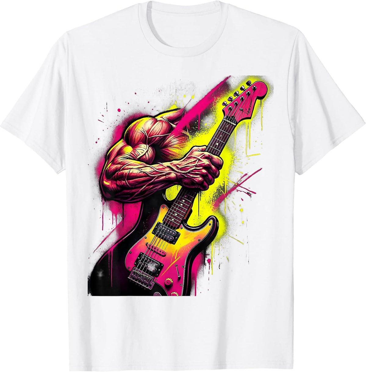 Men's 80s Rock Guitar Grip Illustration T-Shirt - White