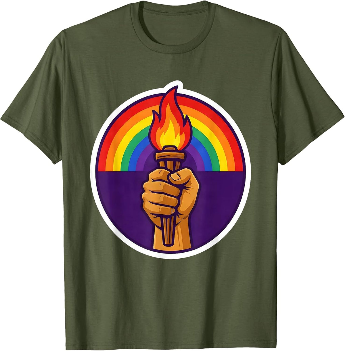 Pride Rainbow Torch Raised Fist Illustration T-Shirt - Olive Green