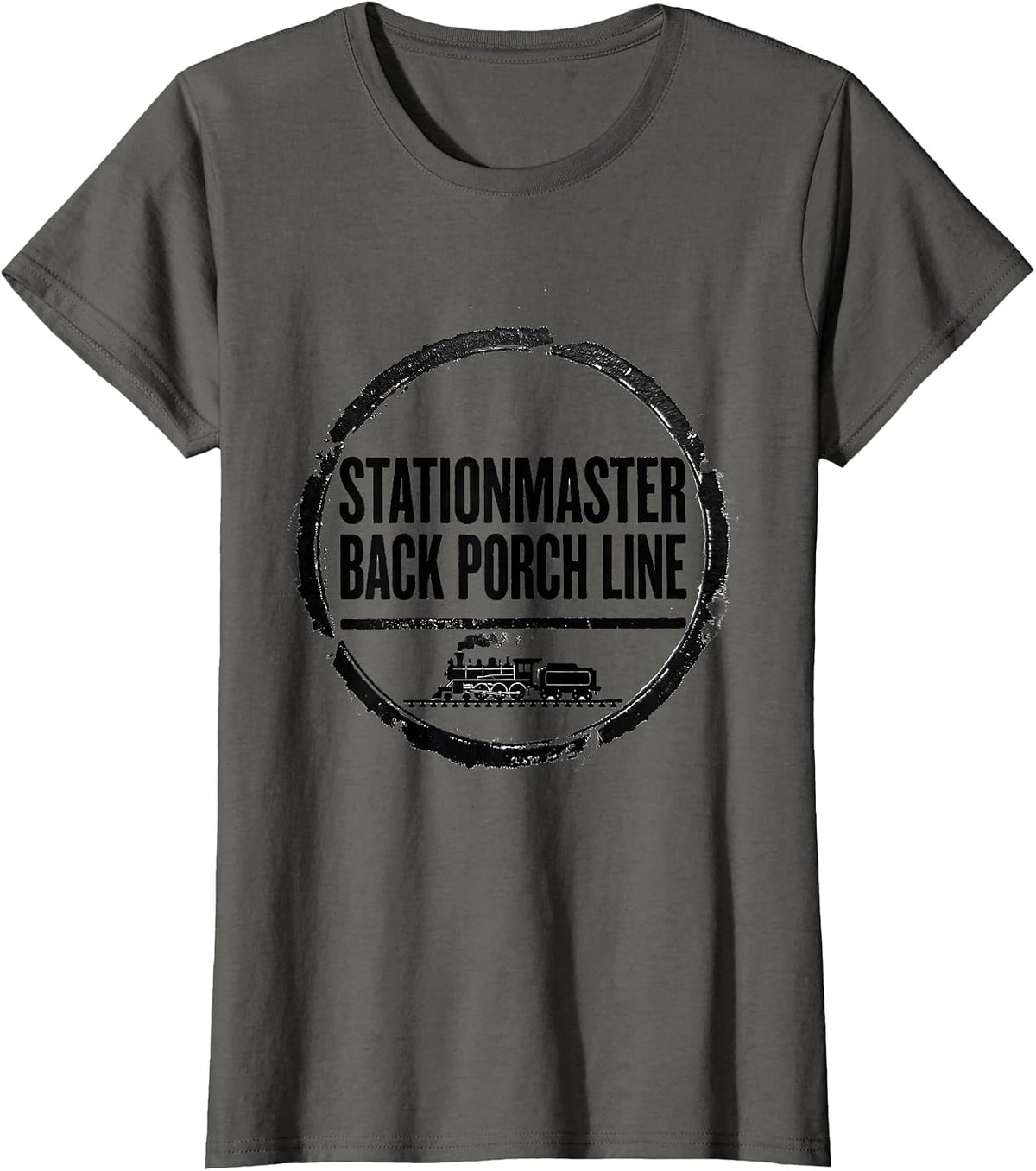 Women's Stationmaster Back Porch Line Vintage Steam Train Enthusiast T-Shirt - Asphalt Grey