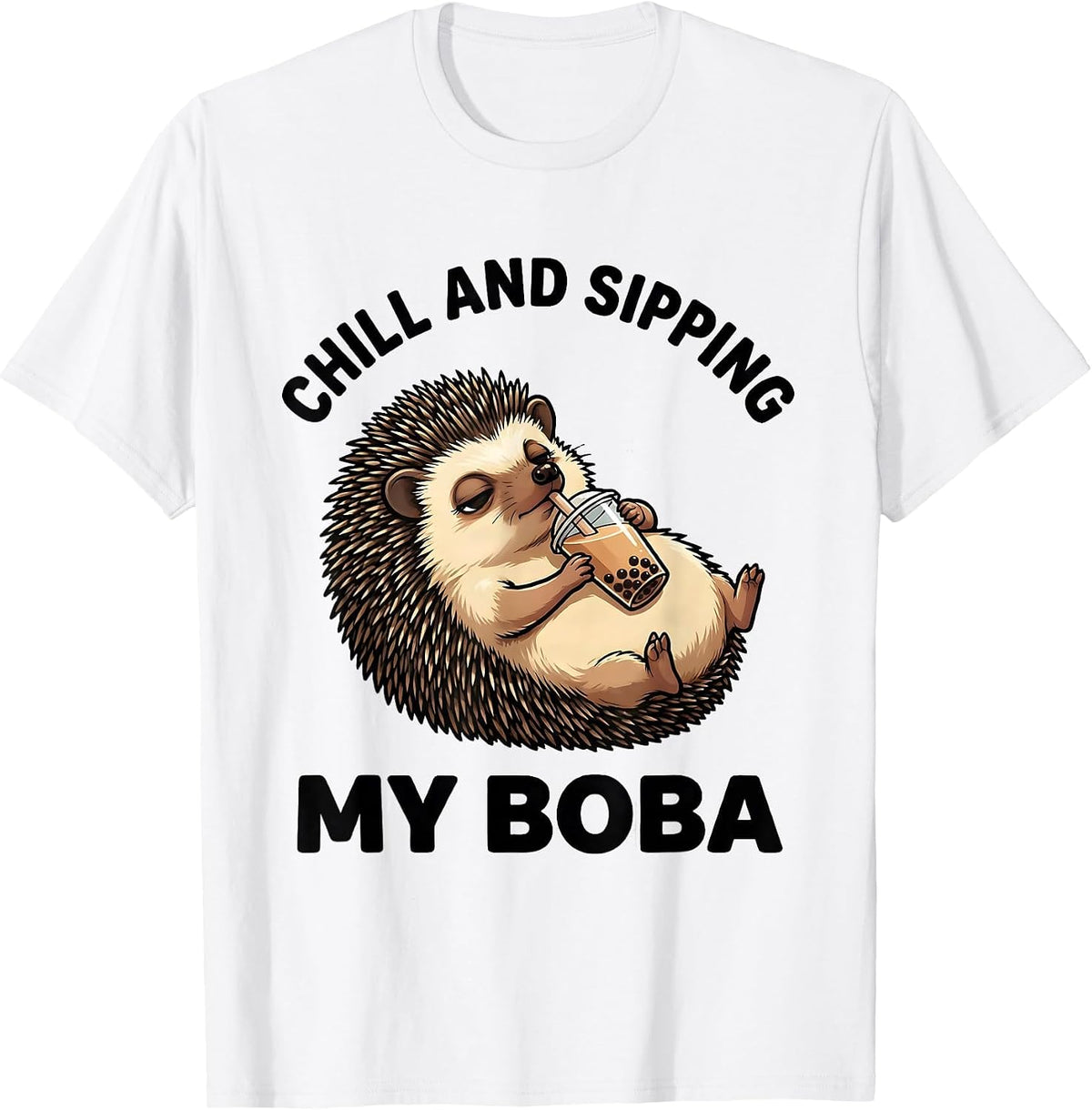 Men's Chill and Sipping My Boba Cute Kawaii Hedgehog Boba Tea T-Shirt - White