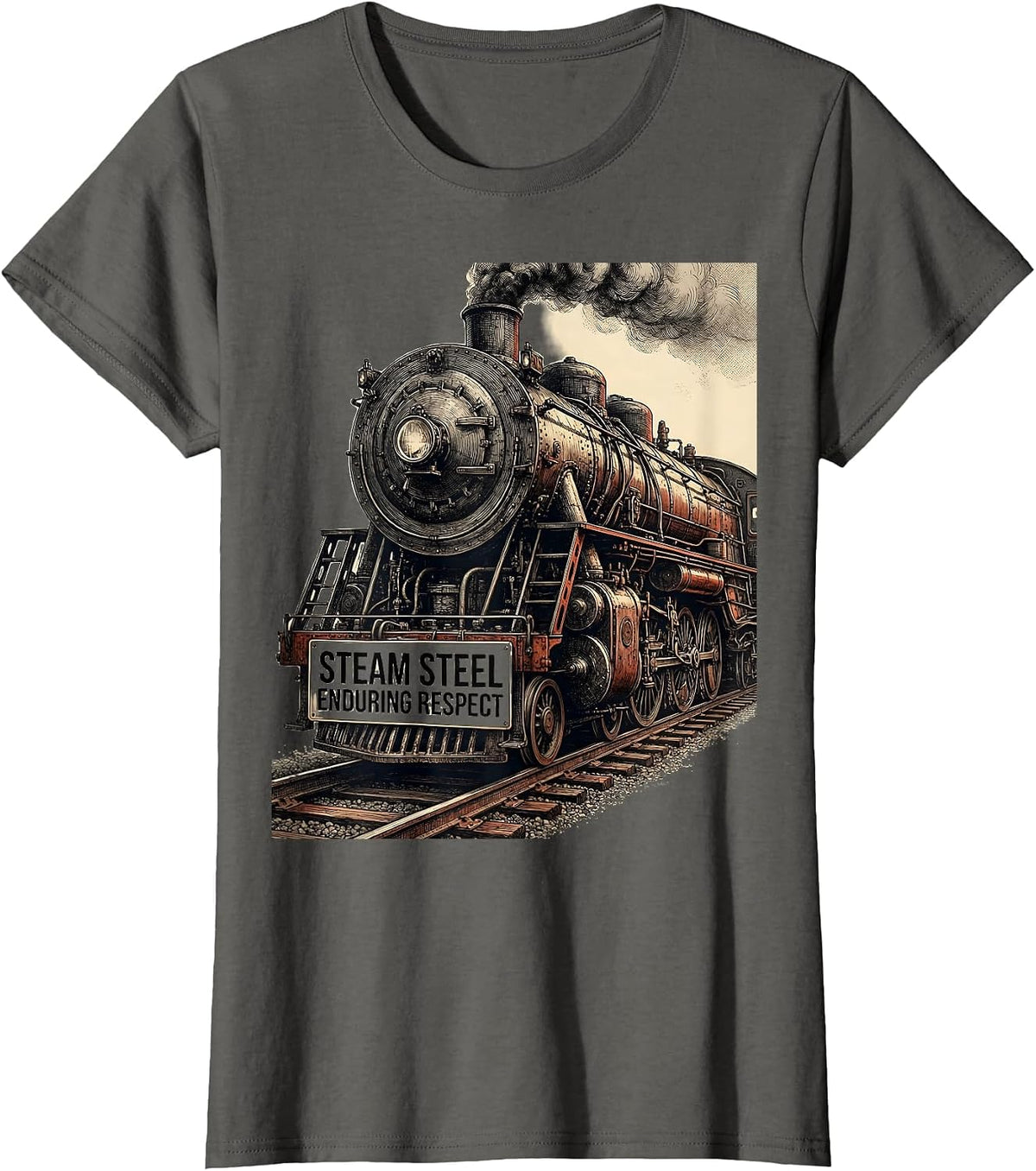 Women's Steam Steel Enduring Respect Vintage Steam Locomotive Train T-Shirt - Asphalt Grey