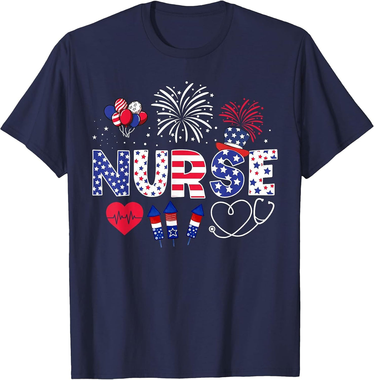4th of July Nurse American Flag Fourth of July Nurse T-Shirt - Navy Blue