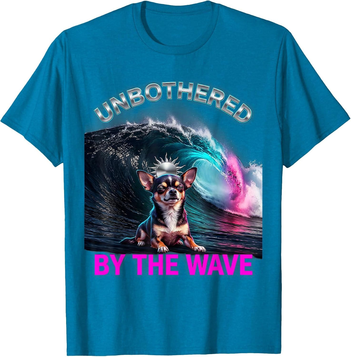 Unbothered By The Wave Vaporwave Y2K Chihuahua Surfing T-Shirt - Sapphire Blue