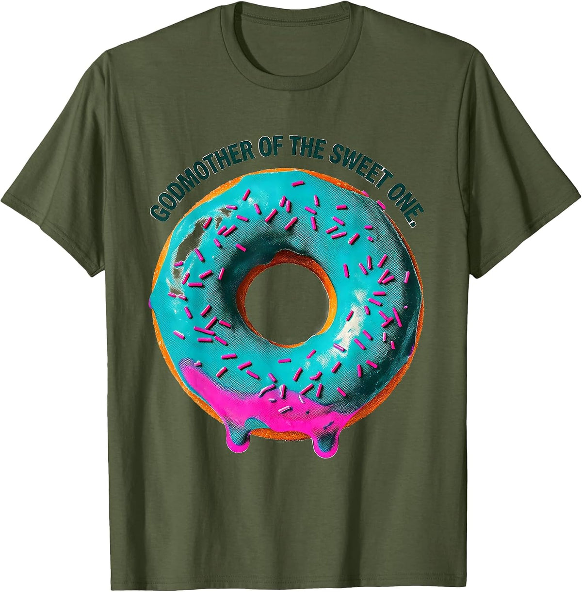Godmother Of The Sweet One Risograph Donut Birthday Family T-Shirt - Olive Green