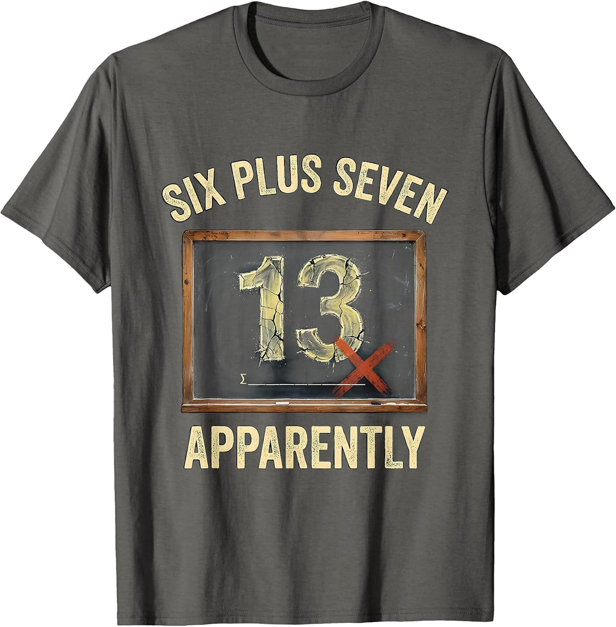 Six Plus Seven, Apparently Funny Math Teacher Meme Classroom T-Shirt - Asphalt Grey