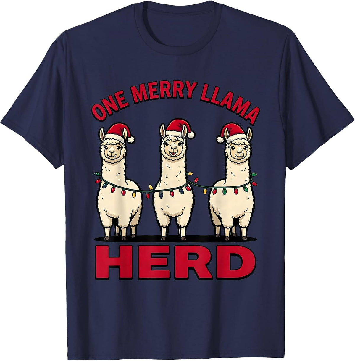 Men's One Merry Llama Herd Funny Llama Lover Christmas Humor T-Shirt - Navy Blue