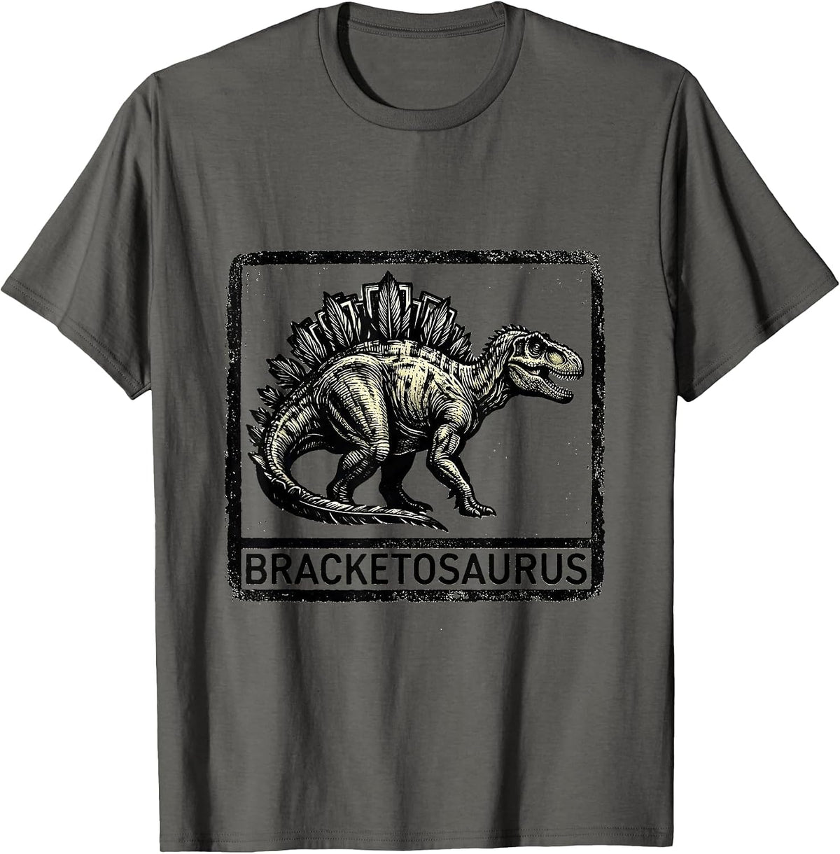 Men's Bracketosaurus Funny Grammar Teacher Punctuation Dinosaur T-Shirt - Asphalt Grey