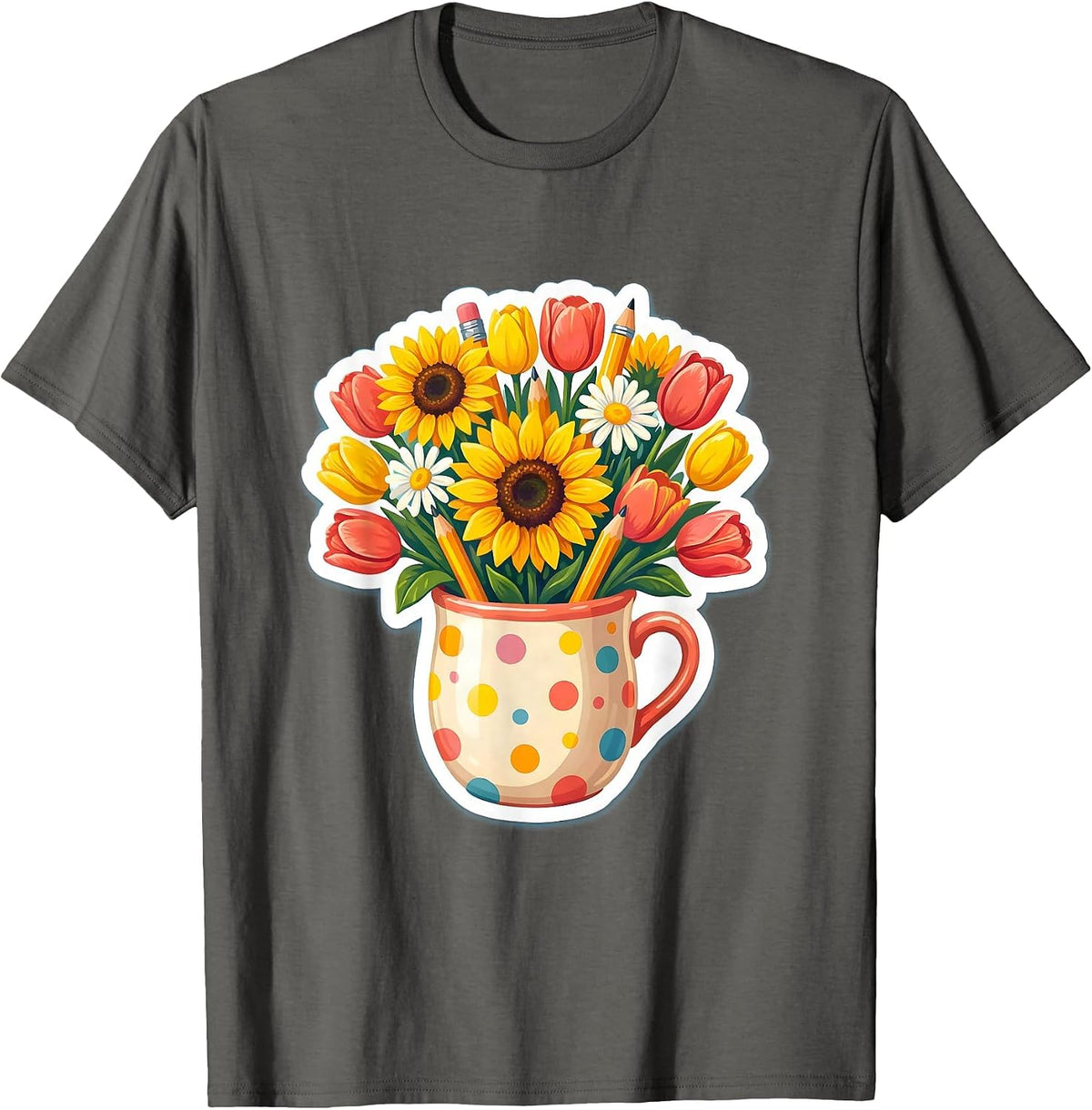 Friyay Teacher Floral Pencil Cup Illustration T-Shirt - Asphalt Grey