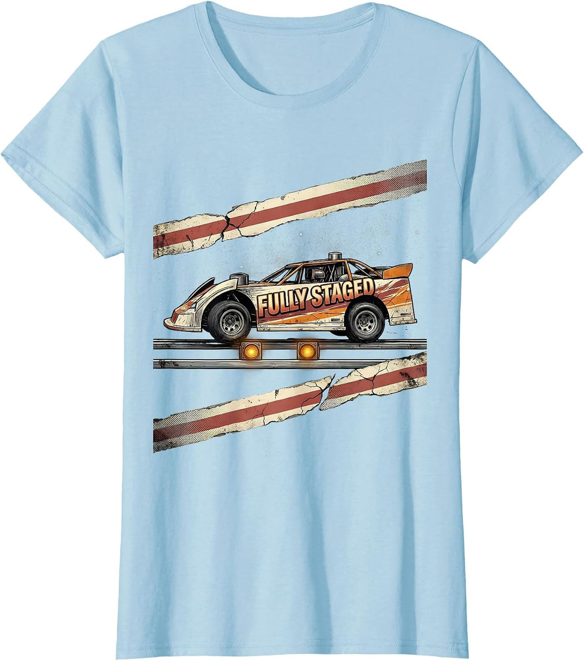 Women's Fully Staged Distressed American Flag Sprint Car Racing Gift T-Shirt - Baby Blue