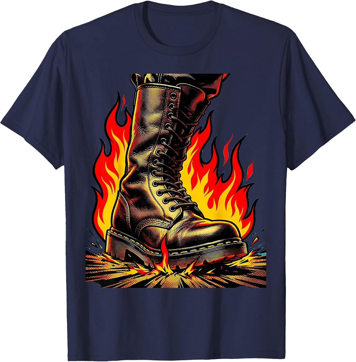 Flame Boots Rock Stage Stomping Graphic T-Shirt - Navy Blue