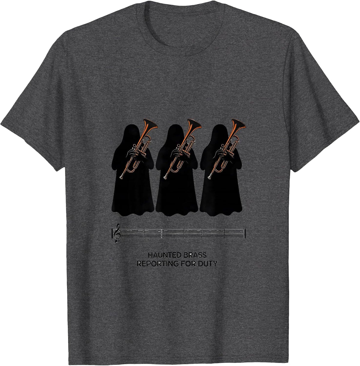 Haunted Brass Reporting For Duty Minimalist Ghost Musician T-Shirt - Dark Heather Grey