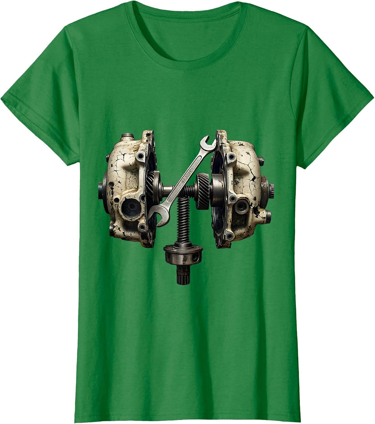 Women's Split Crankcase Distressed Car Guy Mechanic Garage Humor T-Shirt - Kelly Green