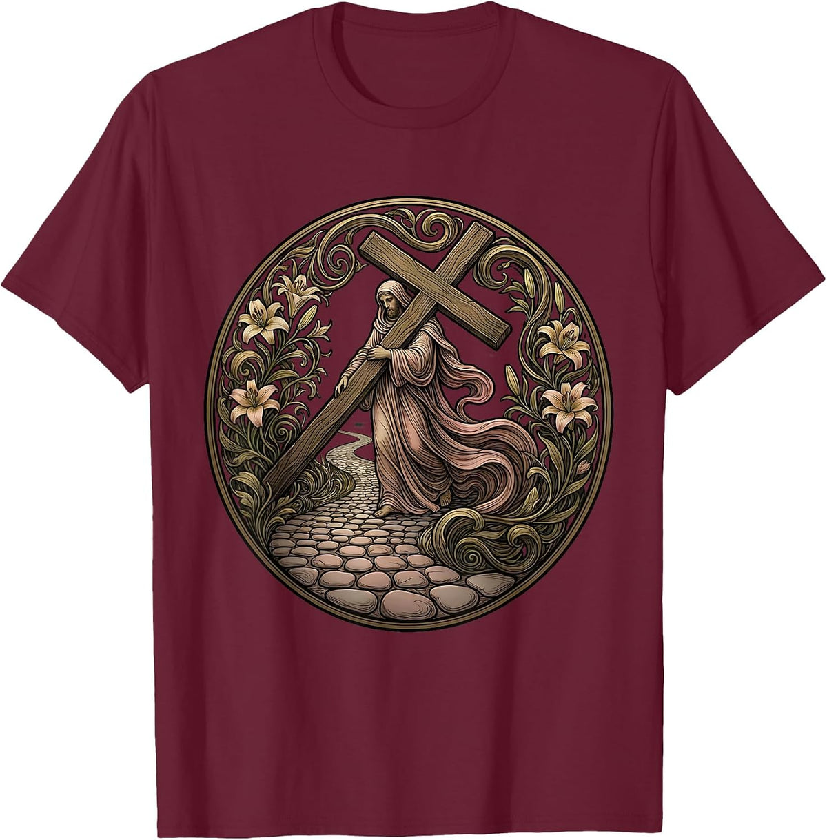 Jesus Carrying the Cross Cobblestone Road Art T-Shirt - Burgundy