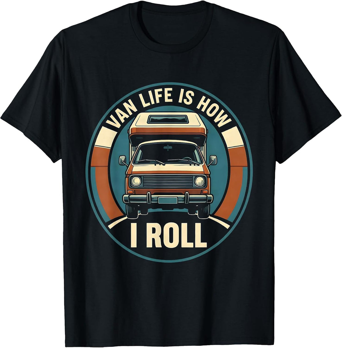 Men's Van Life Is How I Roll Retro Van Dwellers Nomad Travel Pride T-Shirt - Black