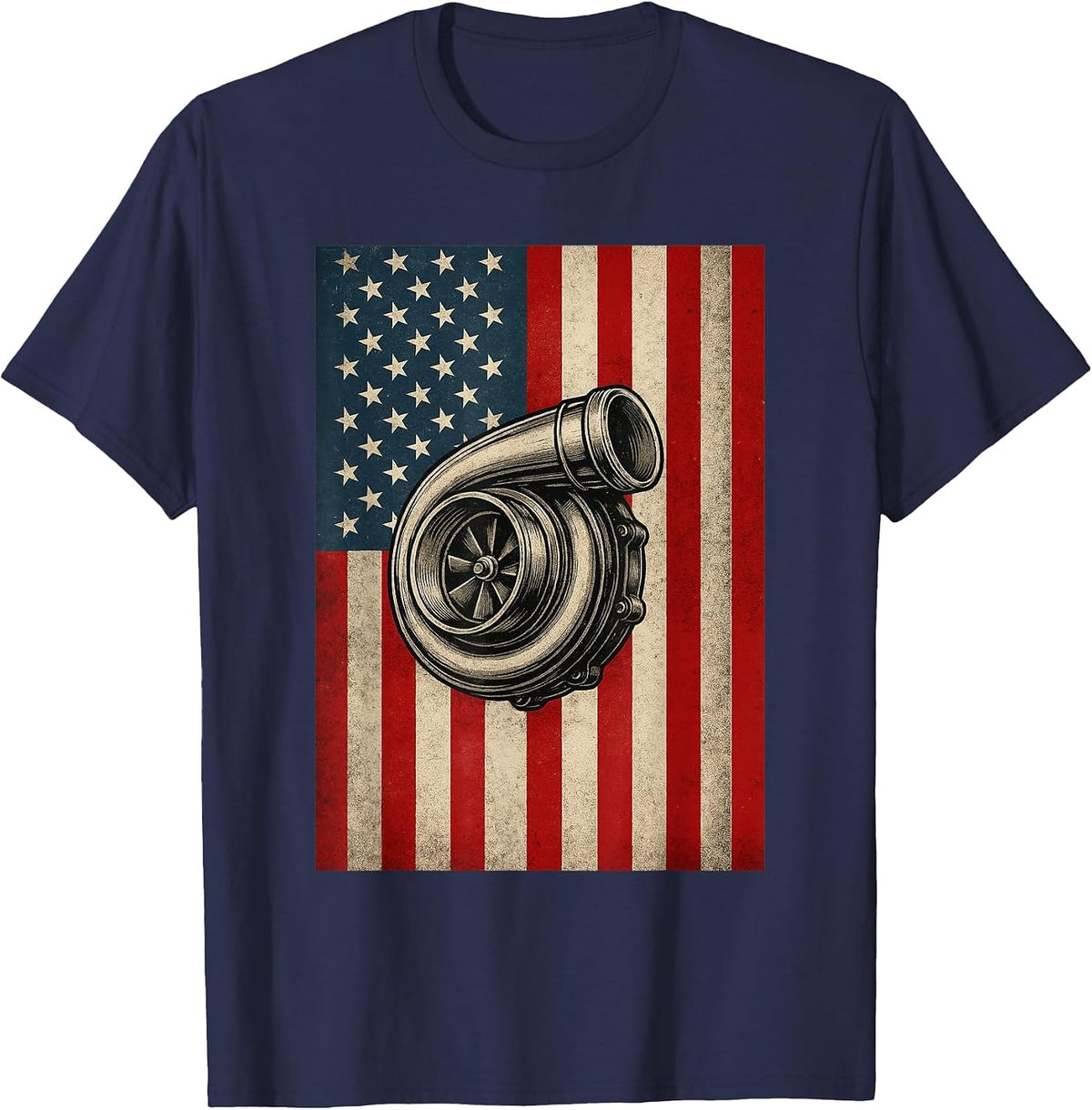 Turbo US Flag - Patriotic Car Guy Car Lover T-Shirt - Navy Blue