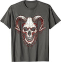 Demon Skull Ram Horns Chains Halloween Graphic T-Shirt - Asphalt Grey