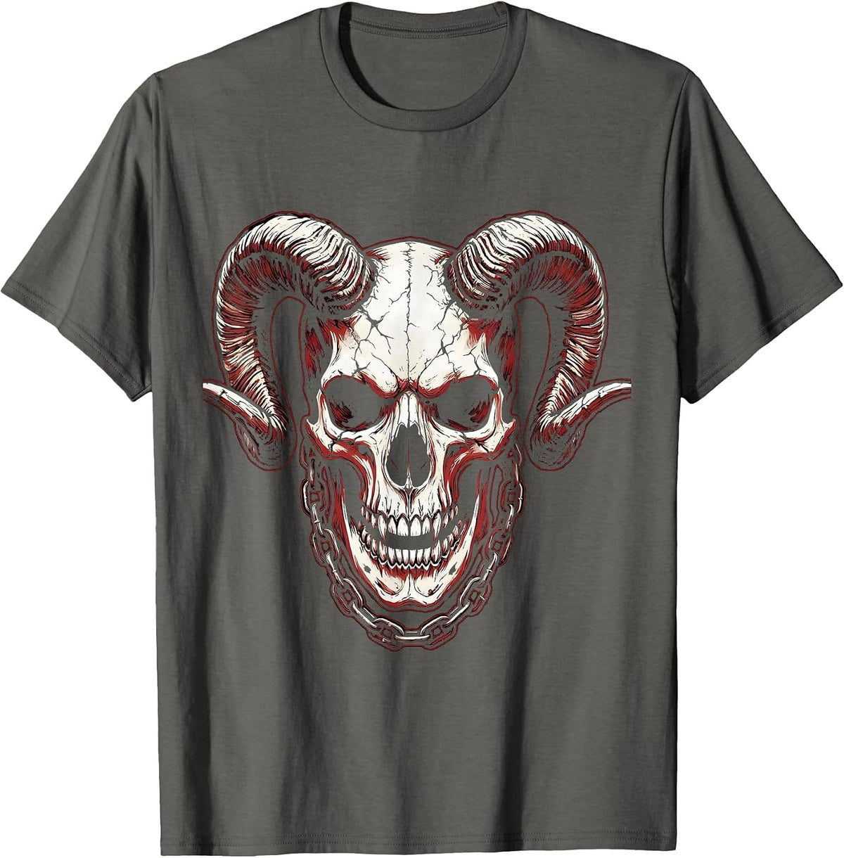 Demon Skull Ram Horns Chains Halloween Graphic T-Shirt - Asphalt Grey