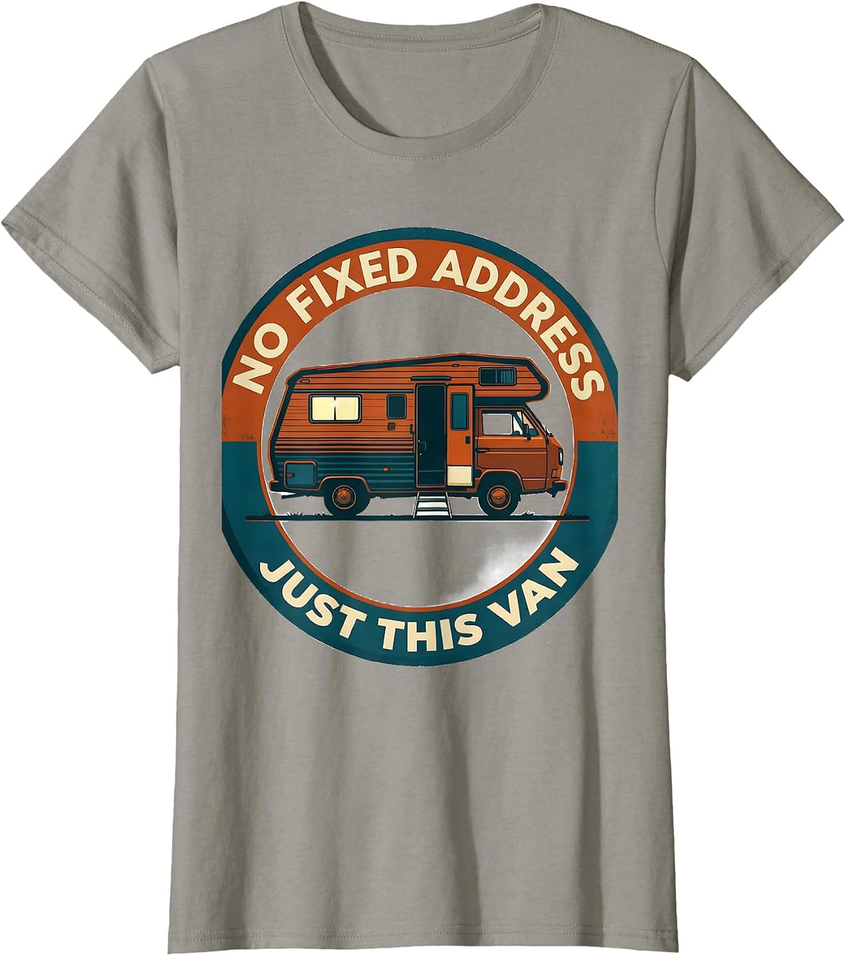 Women's No Fixed Address Just This Van Retro Van Life Nomad Travel T-Shirt - Slate Grey