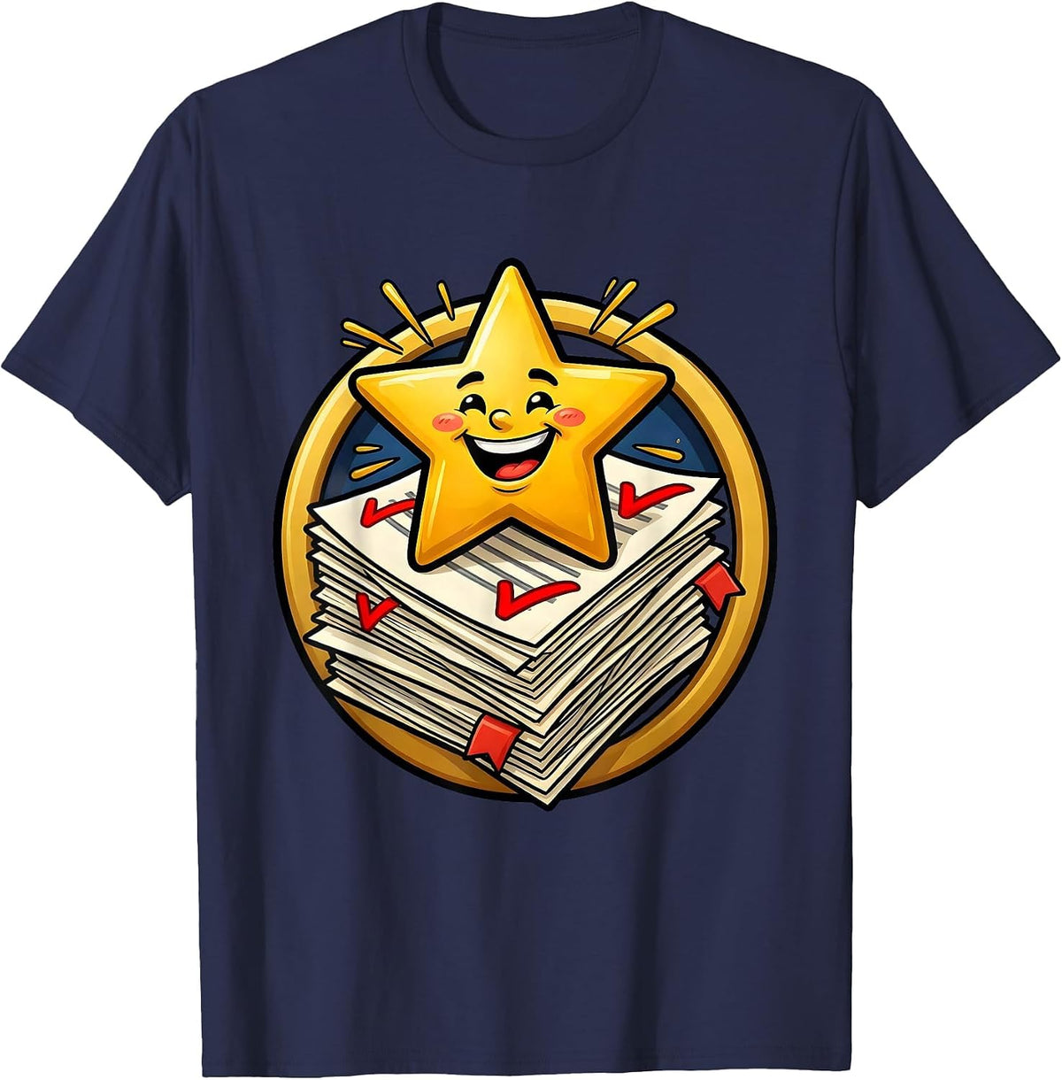4th Grade Teacher Graded Papers Gold Star Design T-Shirt - Navy Blue
