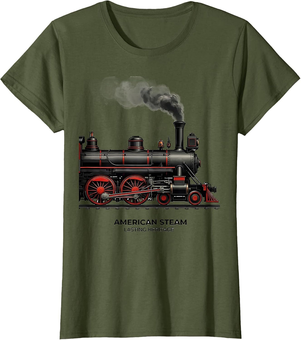 Women's American Steam Lasting Heritage Vintage Steam Locomotive T-Shirt - Olive Green