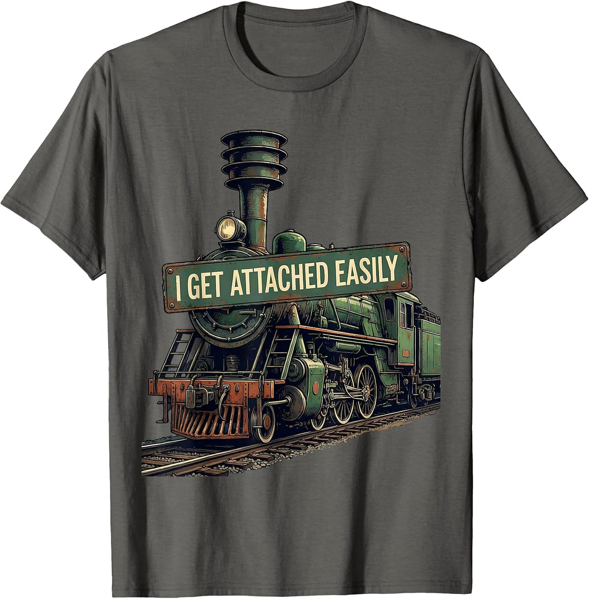 Men's I Get Attached Easily Vintage Steam Locomotive Train T-Shirt - Asphalt Grey