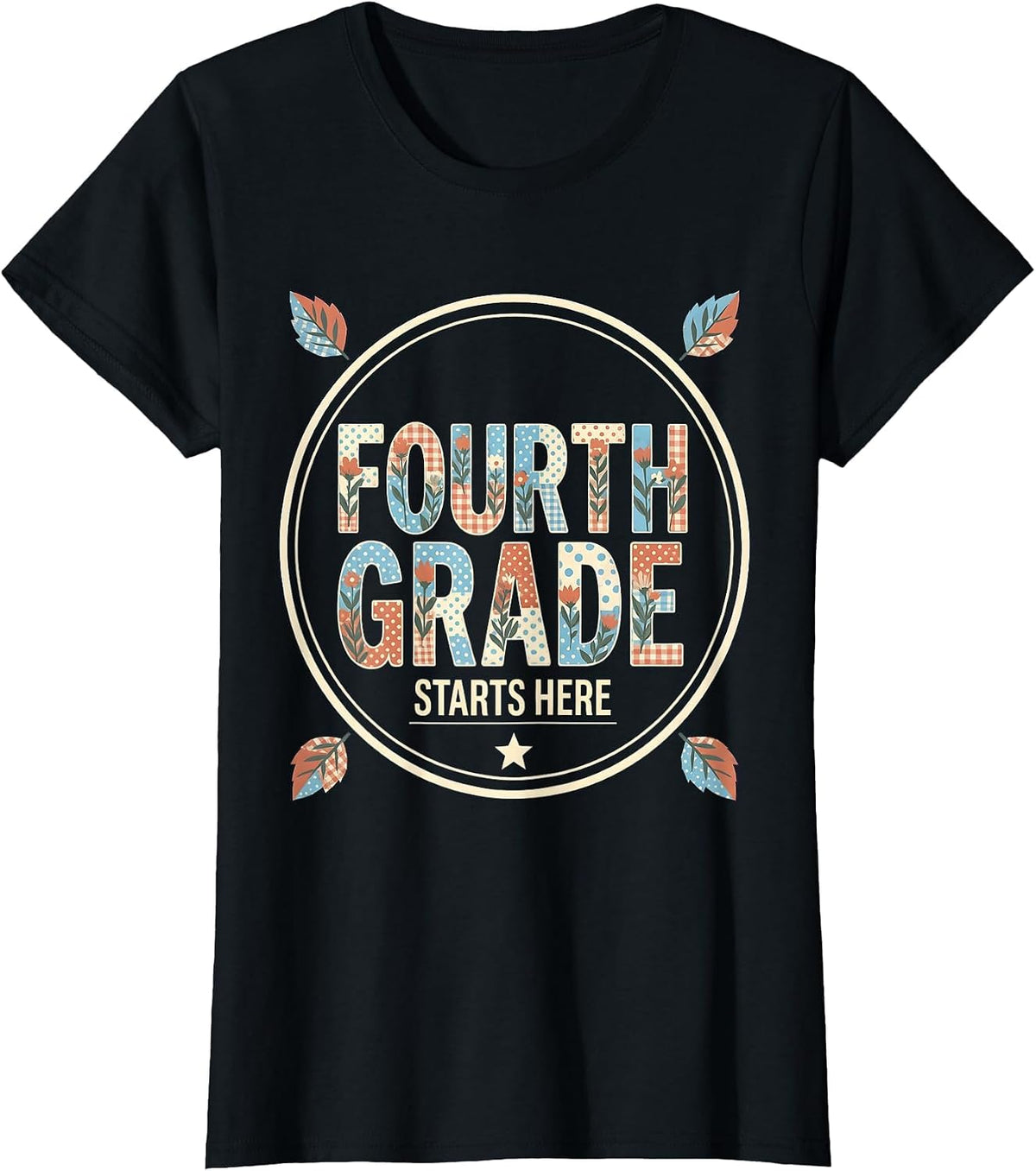 Fourth Grade Starts Here Bold Floral Back To School Teacher T-Shirt - Black