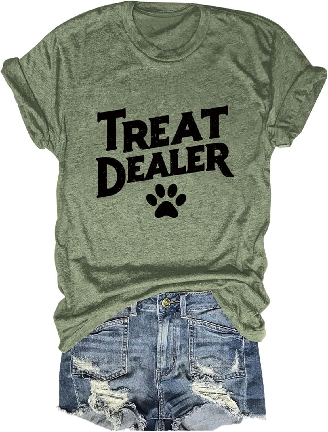 Treat Dealer T-Shirt Women Cute Dog Paw Print Graphic Tees Funny Humor Dog Lovers Shirt Dogs Owner Casual Crew Top - Olive