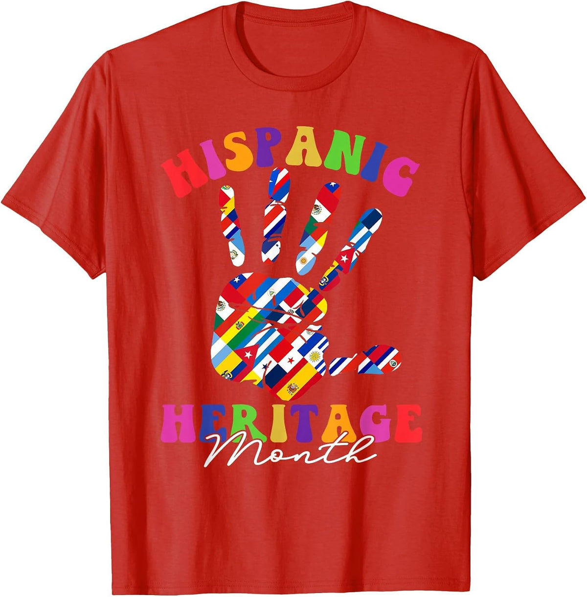 Retro Hispanic Heritage Month All Countries Heart Hands T-Shirt - Red