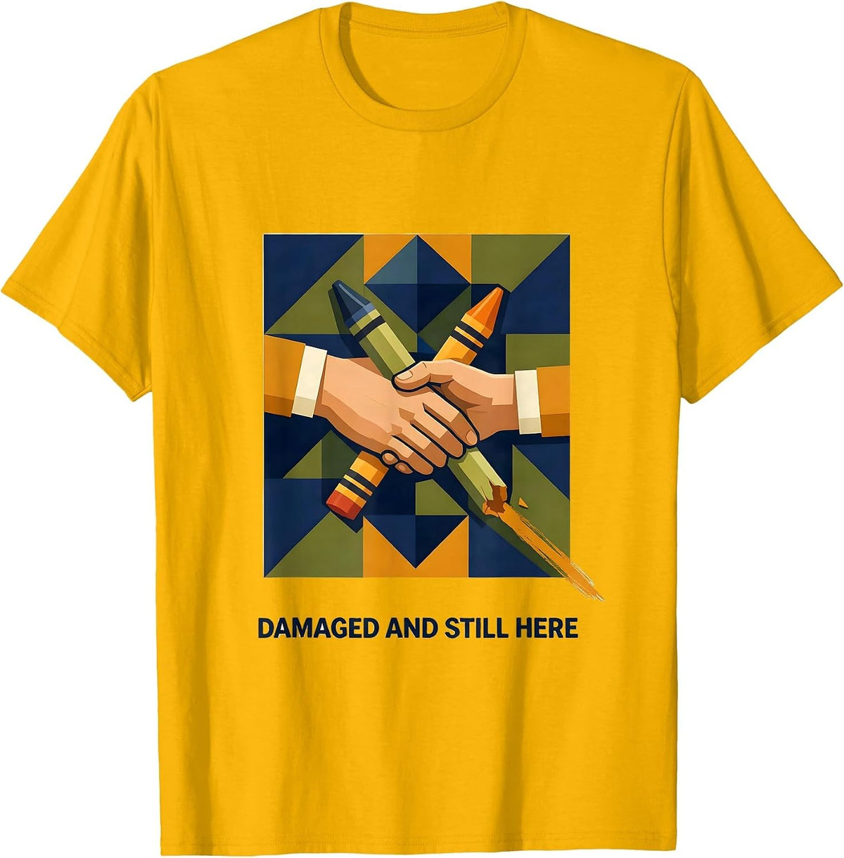 Damaged And Still Here Quilt Patchwork Mental Health T-Shirt - Golden Yellow
