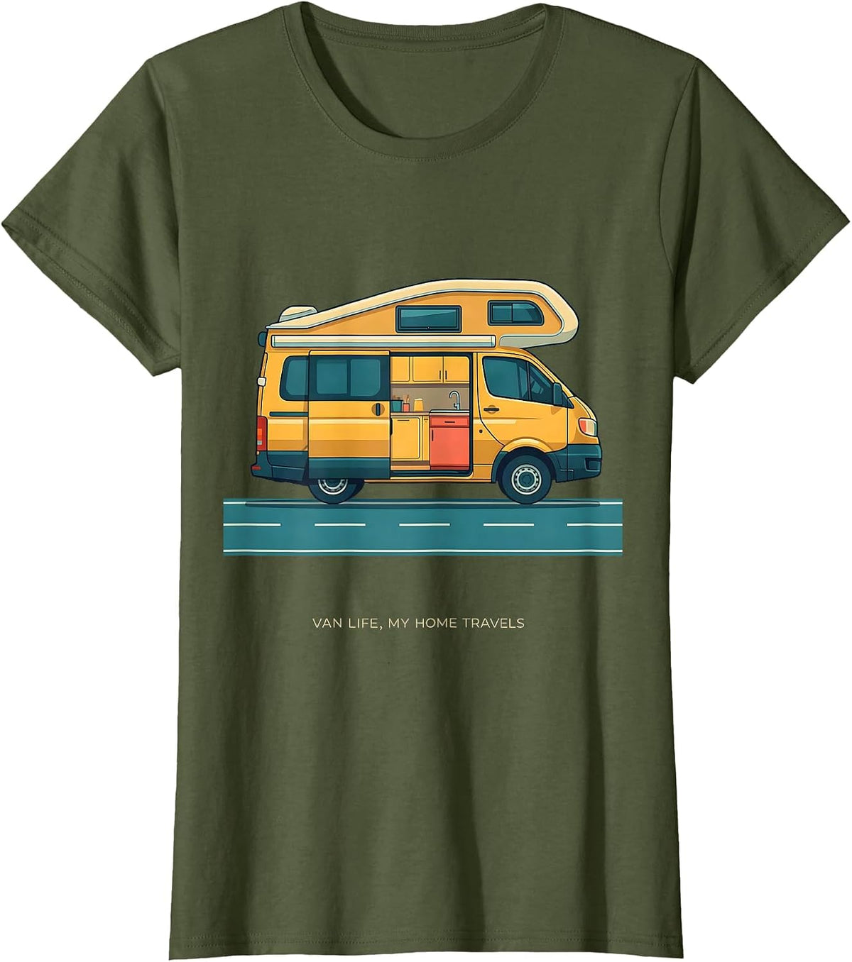 Women's Van Life My Home Travels Retro Van Dwellers Nomad Travel T-Shirt - Olive Green