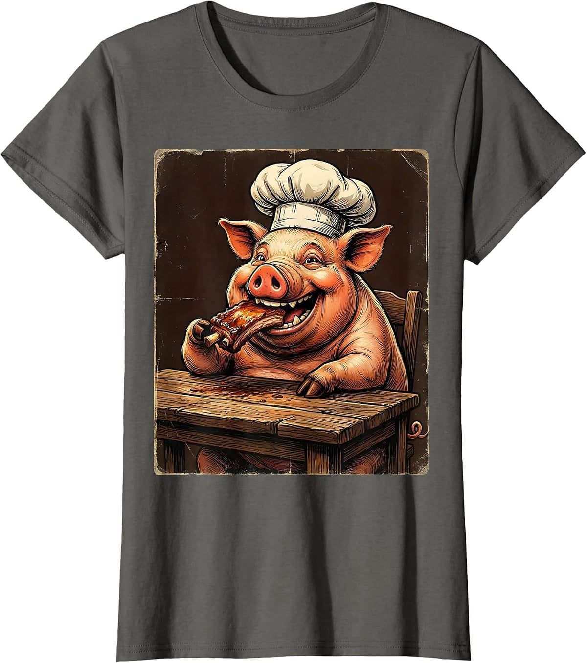 Women's Funny Pig Chef Eating Ribs BBQ Humor Graphic T-Shirt - Asphalt Grey