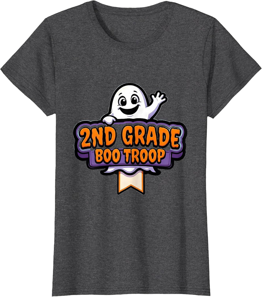 Women's 2nd Grade Boo Troop Spooky Second Grade Halloween Teacher T-Shirt - Dark Heather Grey
