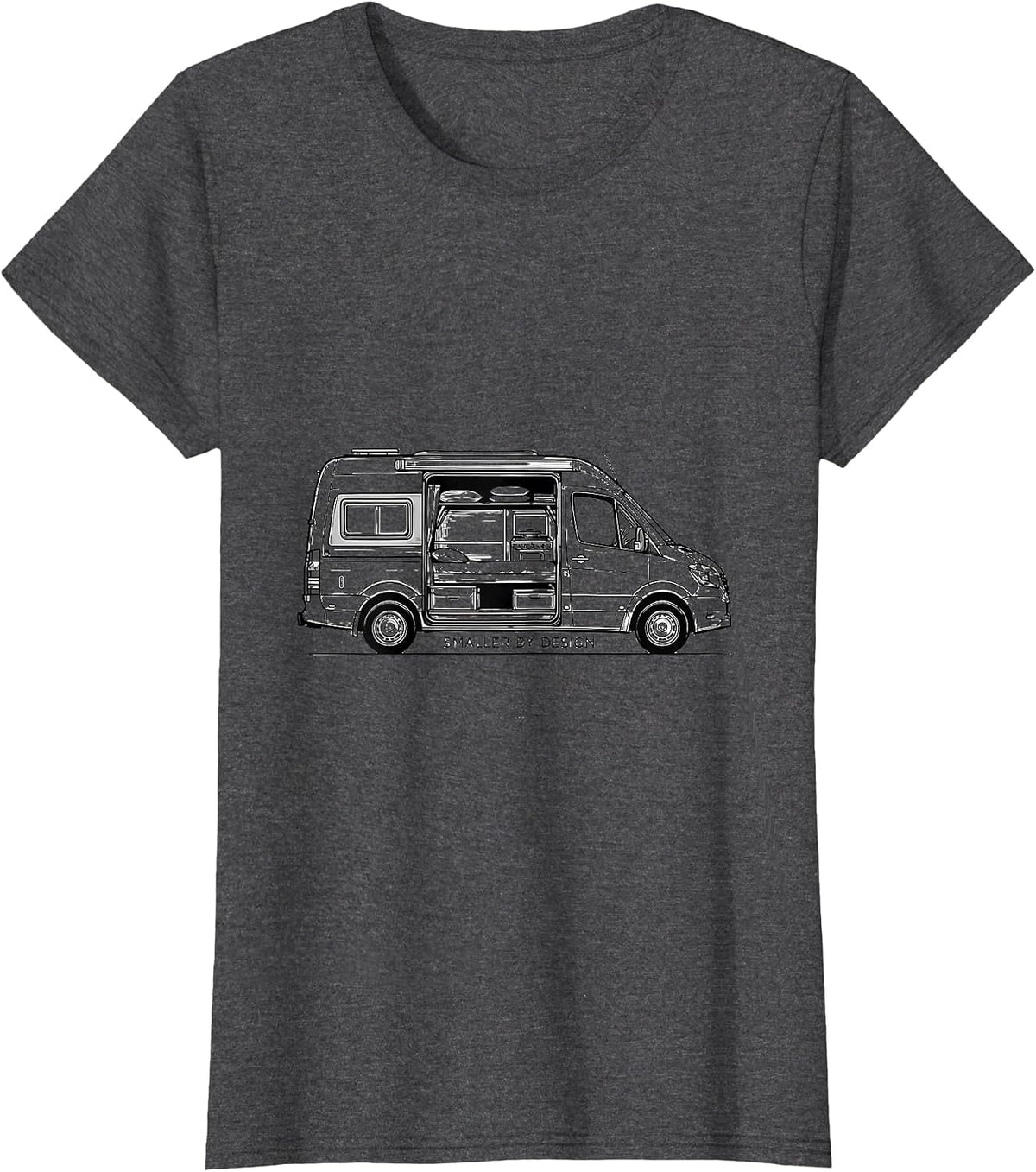 Women's Smaller By Design Retro Van Life Nomads Van Dwellers T-Shirt - Dark Heather Grey