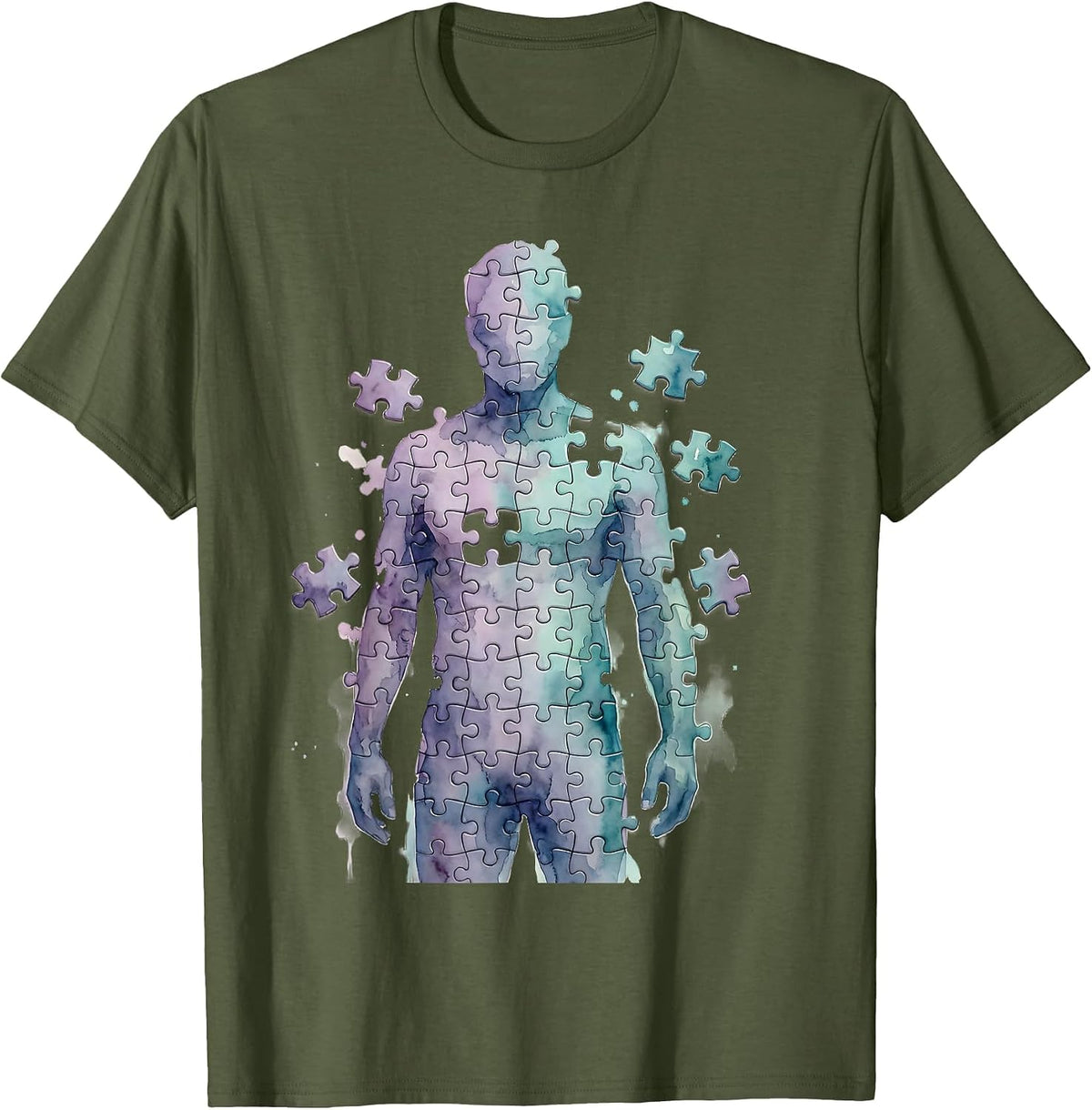 Puzzle Piece Figure Mental Health Awareness Design T-Shirt - Olive Green