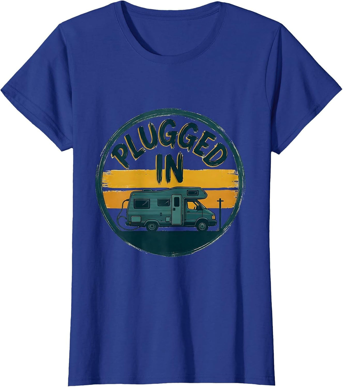 Women's Plugged In Retro Van Life Nomads Camper Badge T-Shirt - Royal Blue
