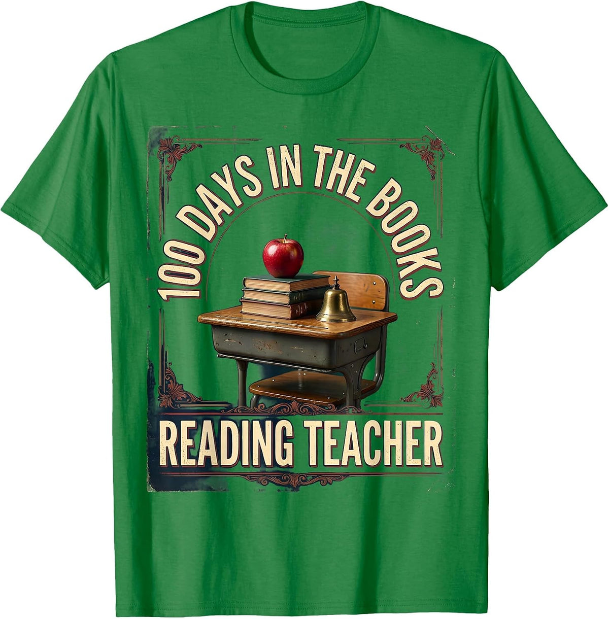 Men's 100 Days In The Books Reading Teacher Vintage School Desk T-Shirt - Kelly Green