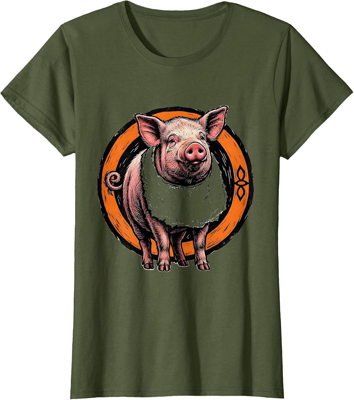 Women's Piglet Badge Linocut Funny Pig Lover Halloween Costume T-Shirt - Olive Green