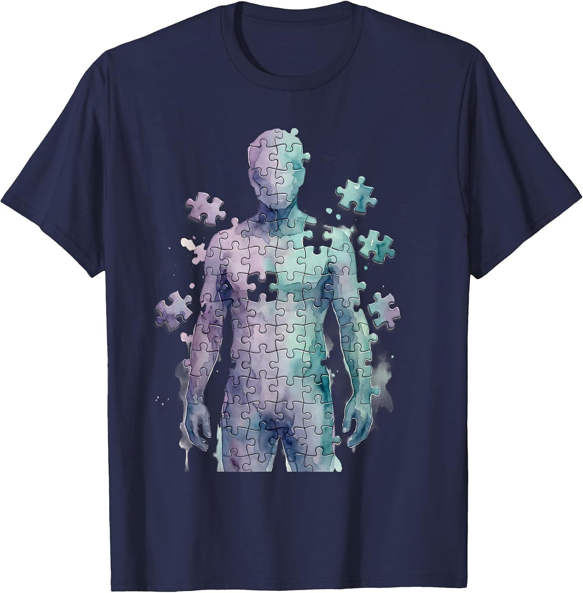 Puzzle Piece Figure Mental Health Awareness Design T-Shirt - Navy Blue