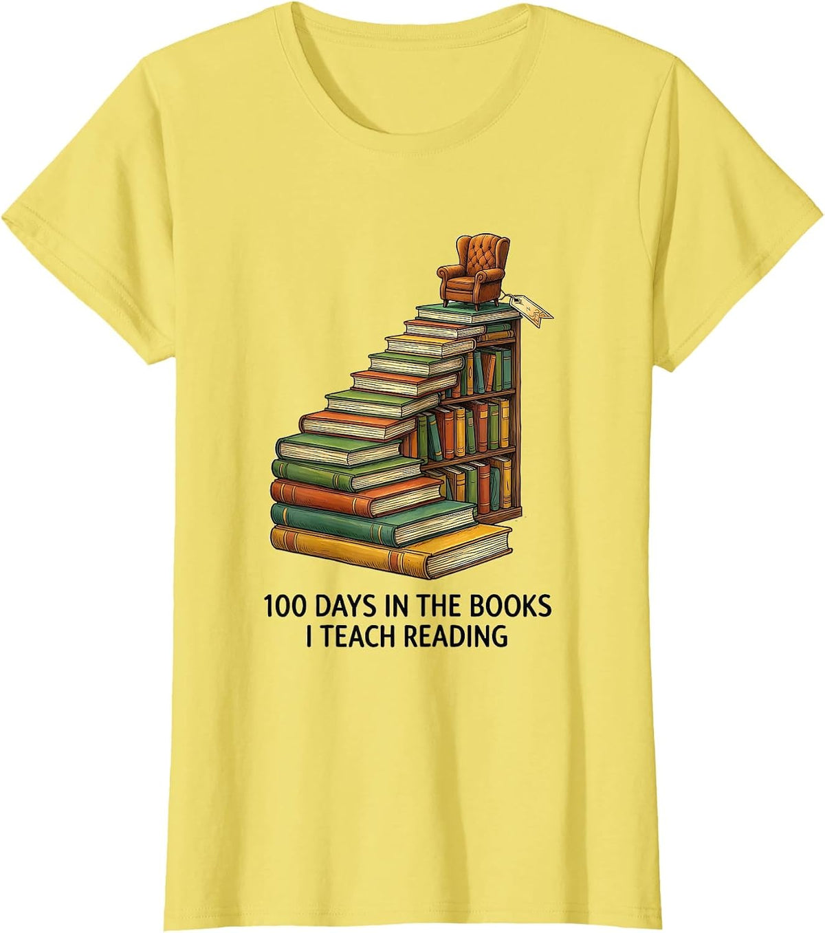 Women's 100 Days In The Books I Teach Reading Whimsical Teacher T-Shirt - Lemon Yellow