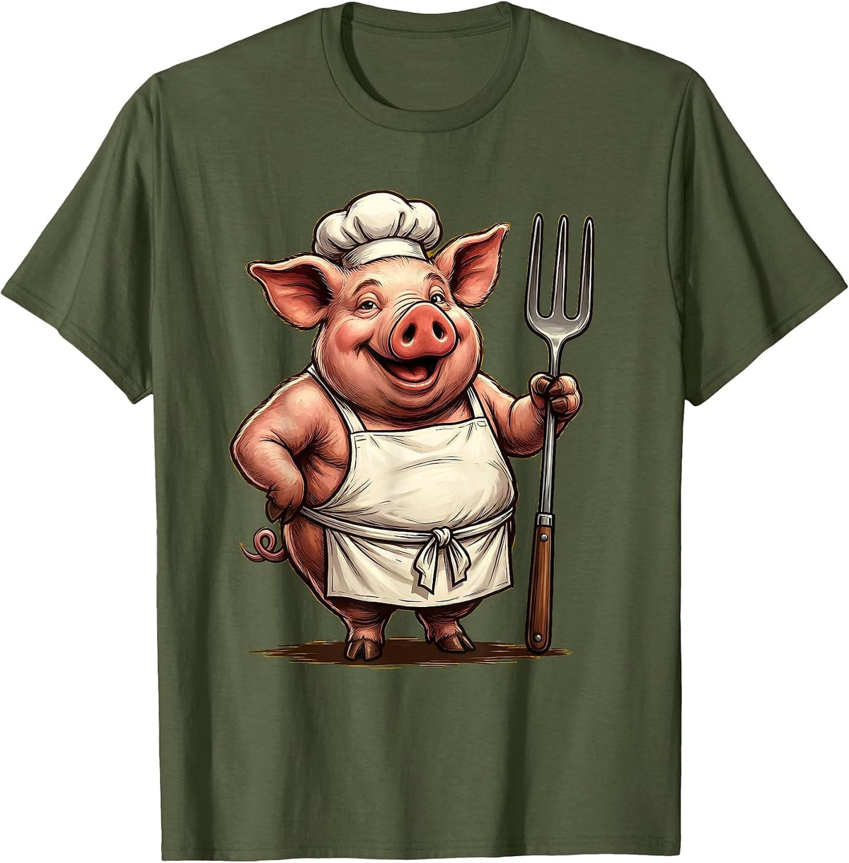 Pig Chef Apron Fork BBQ Grill Cooking Illustration T-Shirt - Olive Green