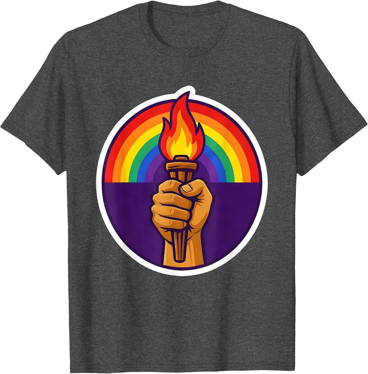 Pride Rainbow Torch Raised Fist Illustration T-Shirt - Dark Heather Grey