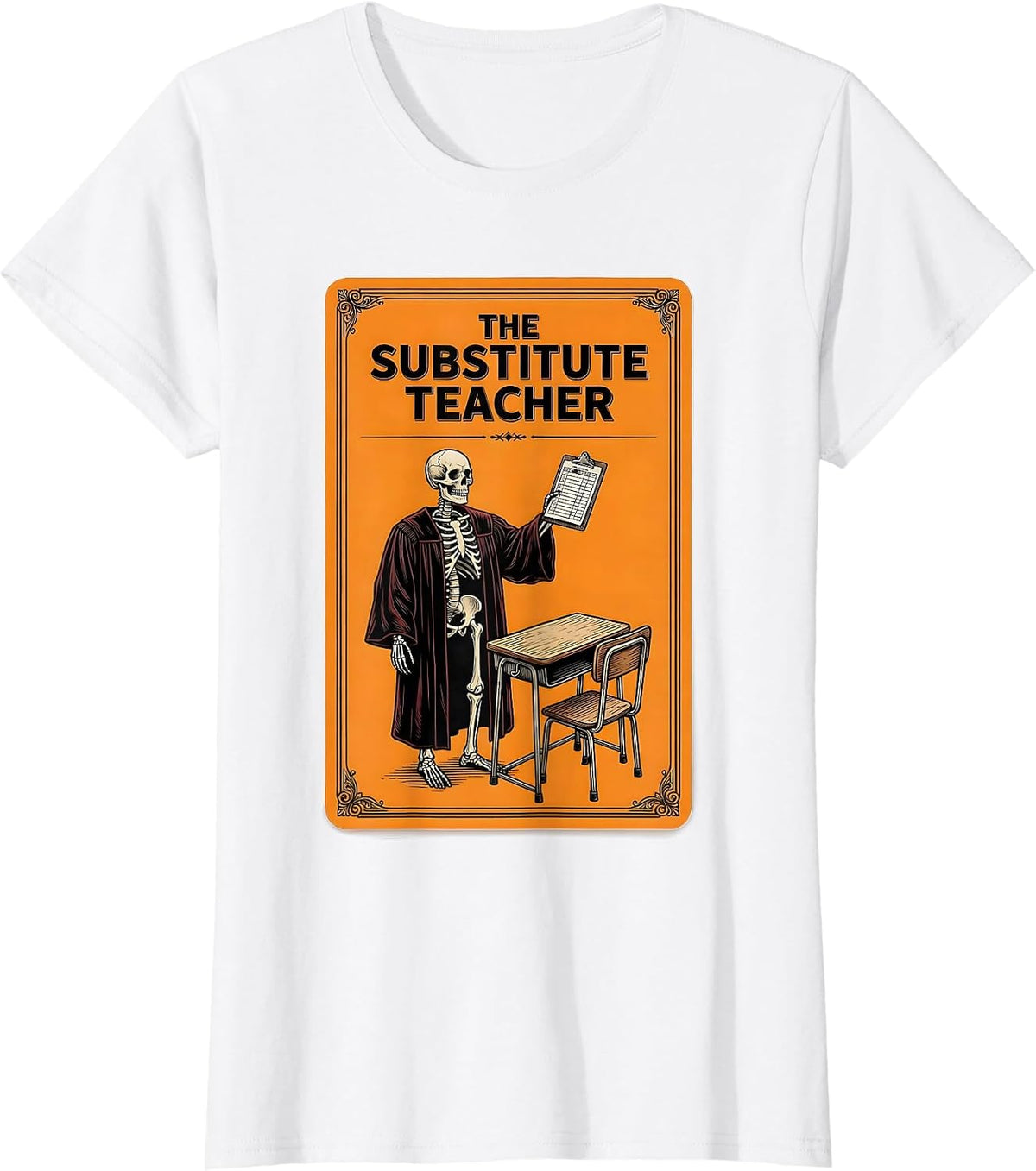 Women's The Substitute Teacher Tarot Card Halloween Skeleton Gothic T-Shirt - White
