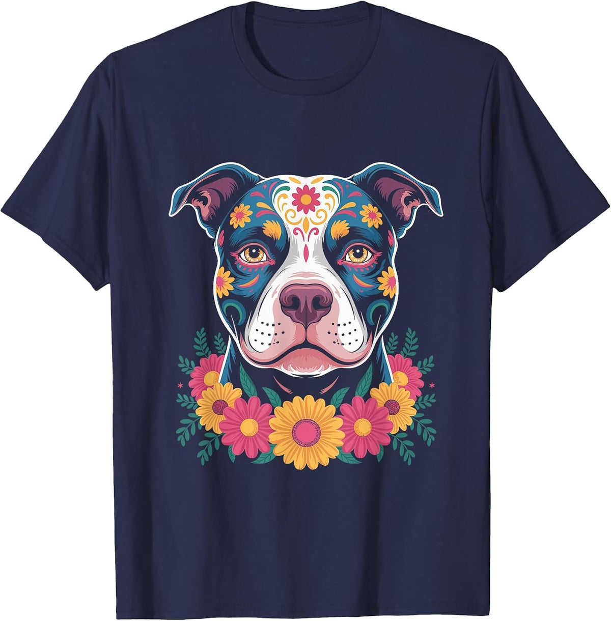 Pitbull Dog Sugar Skull Dia De Los Muertos Mexican T-Shirt - Navy Blue