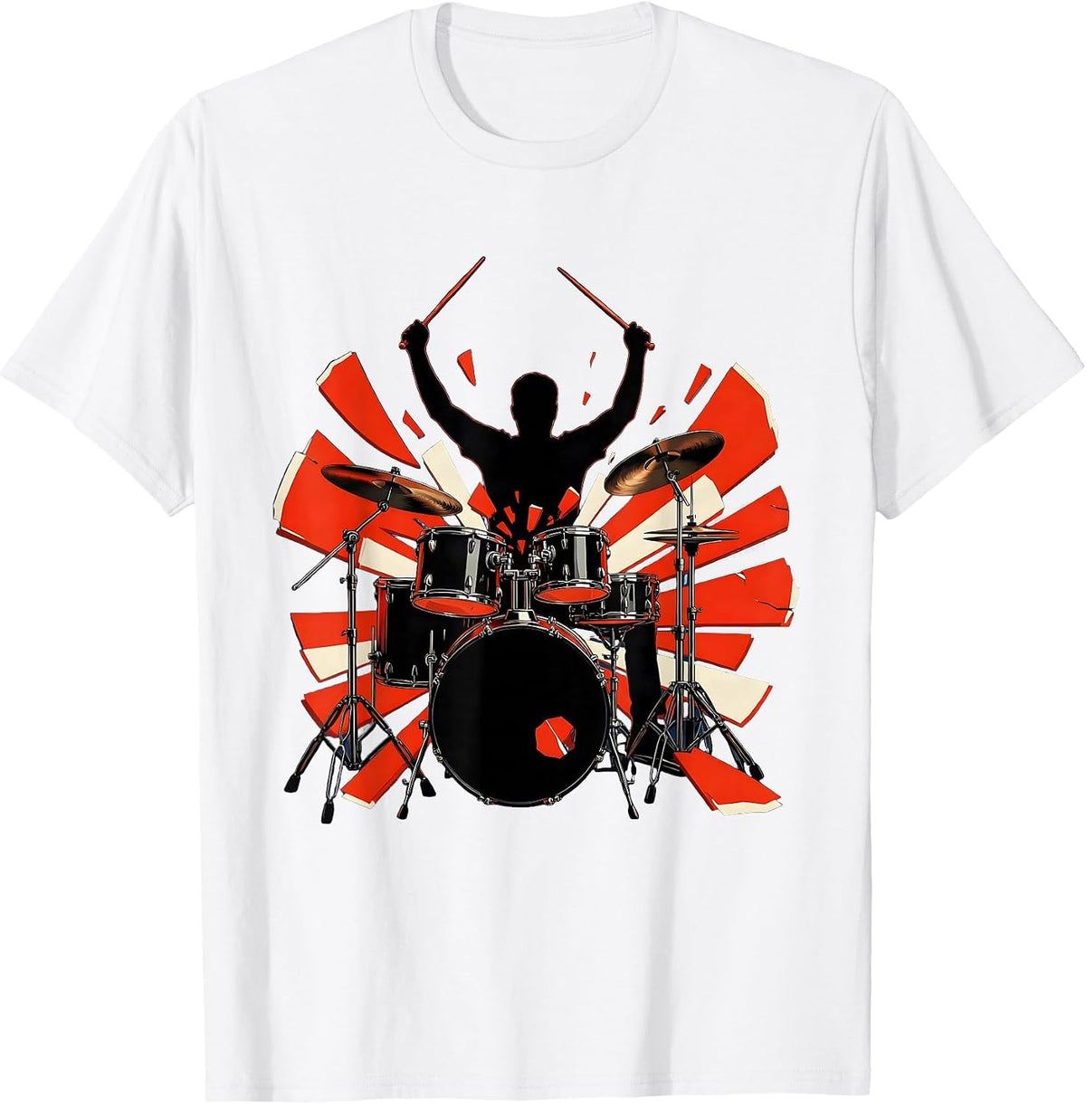 Men's Drummer Silhouette Exploding Drum Kit Graphic T-Shirt - White