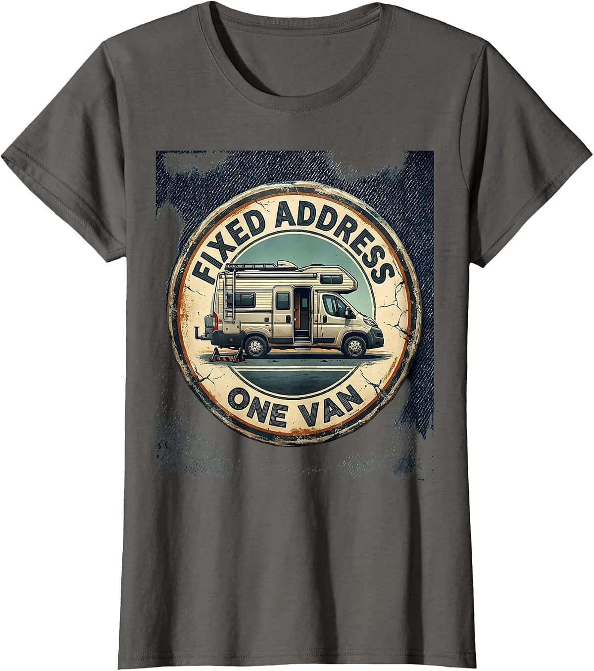 Women's Fixed Address One Van Distressed Van Life Nomad Road Trip T-Shirt - Asphalt Grey